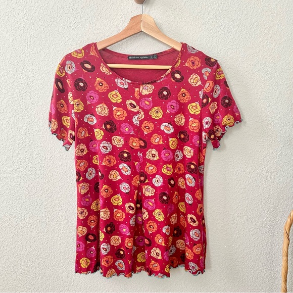 Gudrun Sjoden Red Floral Print Linen Blend Top Size Medium Short Sleeve - Picture 1 of 6